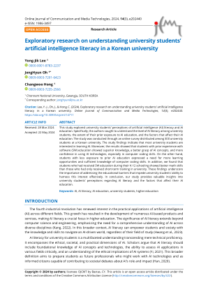 引用：Lee, Y.-J.、Oh, J. 和 Hong, C. (2024)。《了解韩国大学生人工智能素养的探索性研究》。《在线通信和媒体技术杂志》，14 (3)，e202440。https://doi.org/10.30935/ojcmt/14711